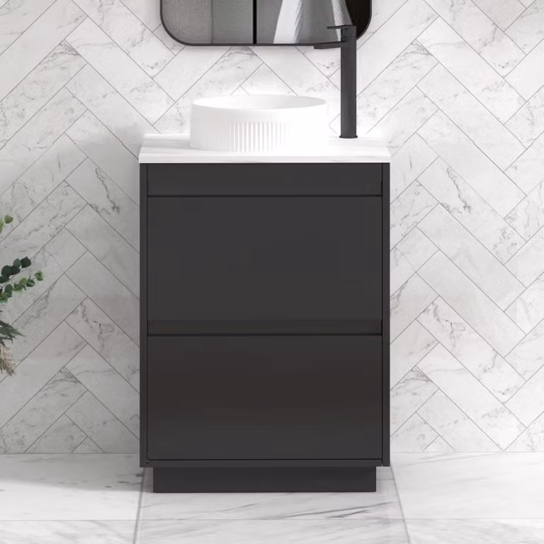 Royal Bathrooms Orion 800mm Matt Obsidian Black Floor Standing Countertop Vanity Unit with 2 Drawers, Round Basin and Black Accent Trim
