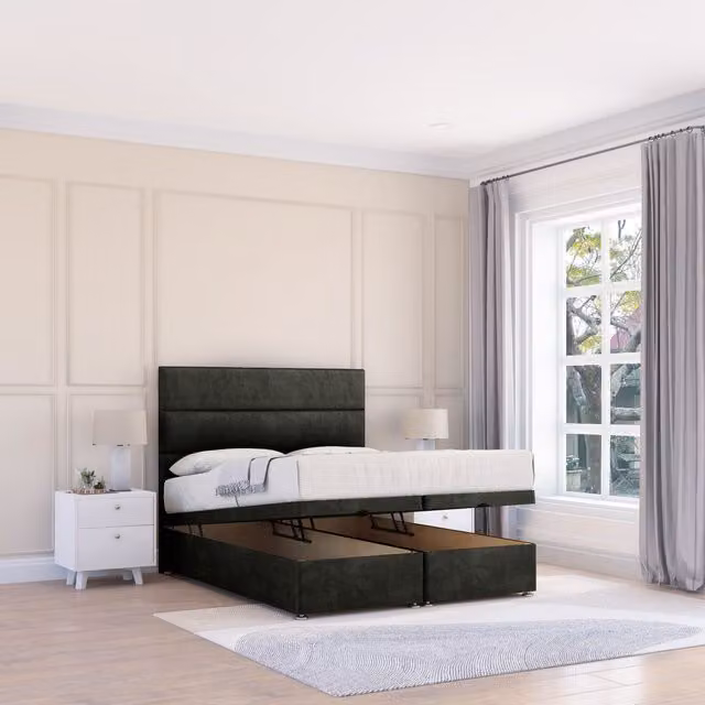 Sloomy Texas Dumfries Double Fabric Ottoman Bed in Black with Hybrid Memory Mattress and 26 Inch Strut Headboard, W/D/H: 140 x 200 cm