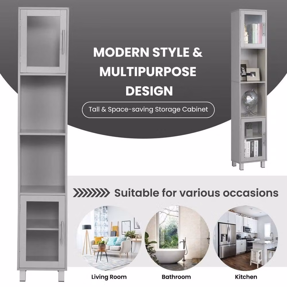NESTLUNE Slim Freestanding Storage Organizer Cupboard in Grey with Glass Doors, H 180 x W 15 x D 15 cm – 6