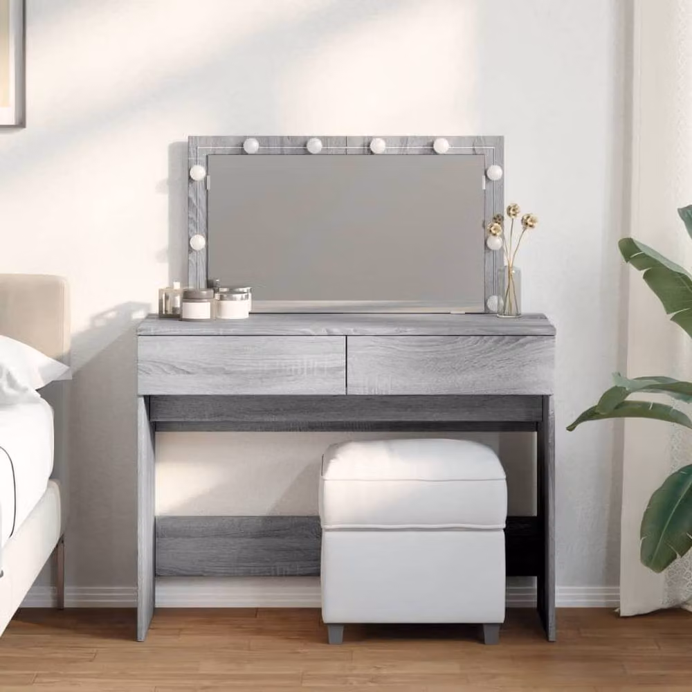 Berkfield Home Modern Grey Sonoma Dressing Table with LED Hollywood Mirror W/D/H: 100 x 40 x 120 cm – 2