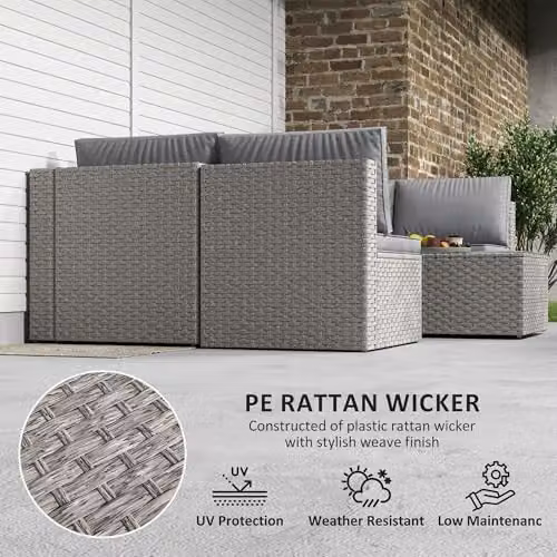 Outsunny 7 Piece Grey Rattan Garden Furniture Set with Upholstered Cushions and Coffee Table for 6 Adults – 4