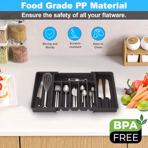 MantraRaj Expandable Plastic Cutlery Drawer Organiser and Kitchen Utensil Tray in Black – 6