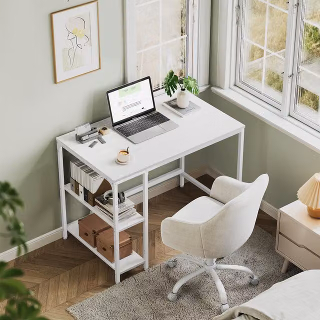 VASAGLE Industrial Computer Office Desk with Shelves, White