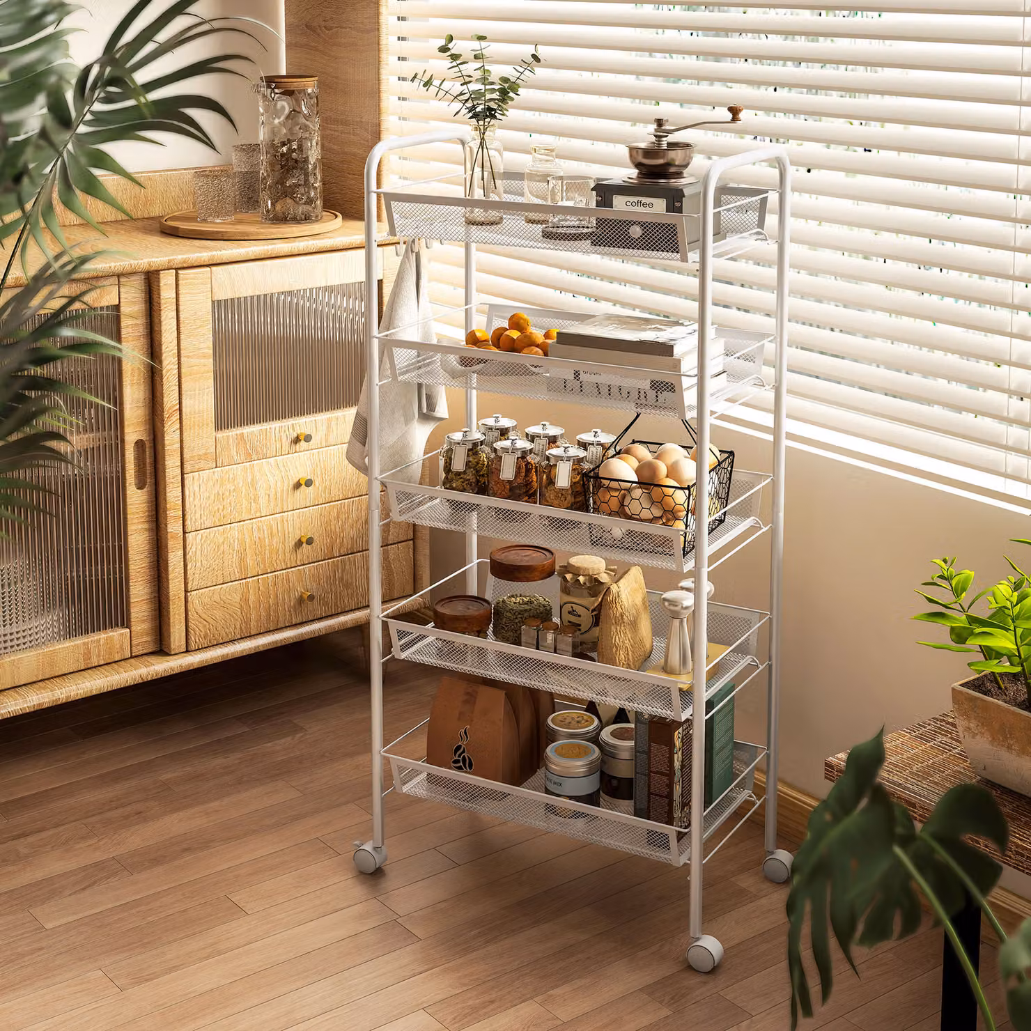HOMCOM Five-Tier Steel Mesh Basket Storage Trolley with Wheels, White – 2