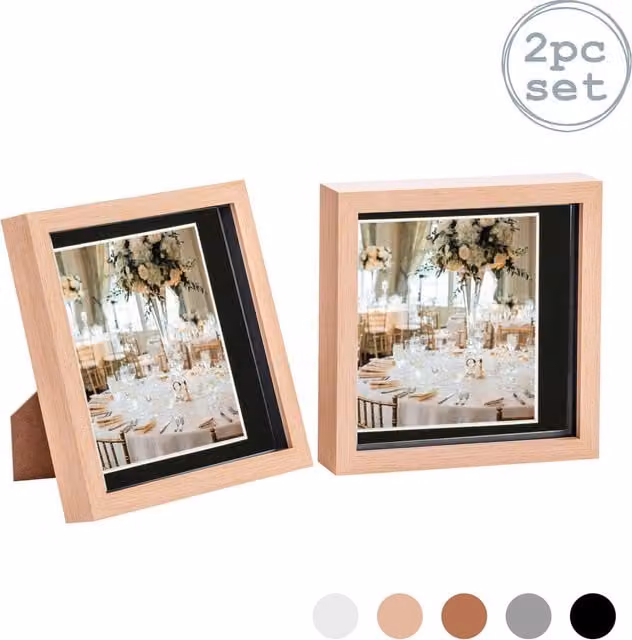 Nicola Spring Pack of 2 Black 3D Box Photo Frames with 6 x 6 inch Mounts, 8 x 8 inch Square Tabletop Frames