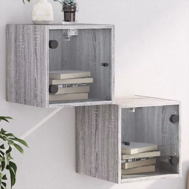 Berkfield Home Set of 2 Grey Sonoma Bedside Cabinets with Glass Doors, W/D/H: 35 x 37 x 35 cm – 1