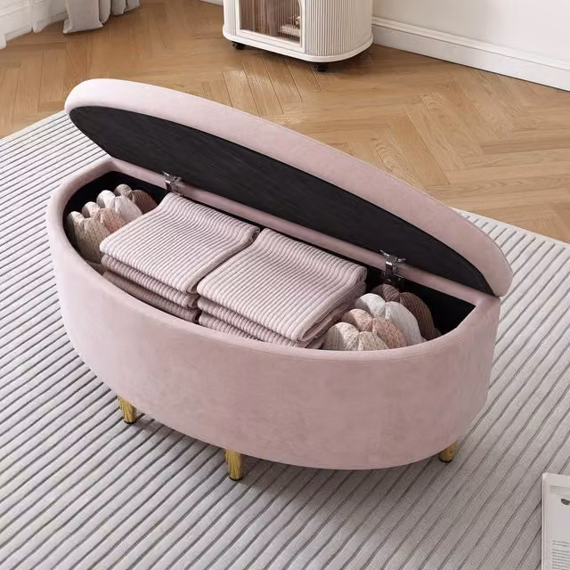Merax Pink Velvet Upholstered End of Bed Storage Bench with Metal Legs, W/D/H: 90 x 40 x 42 cm – 1