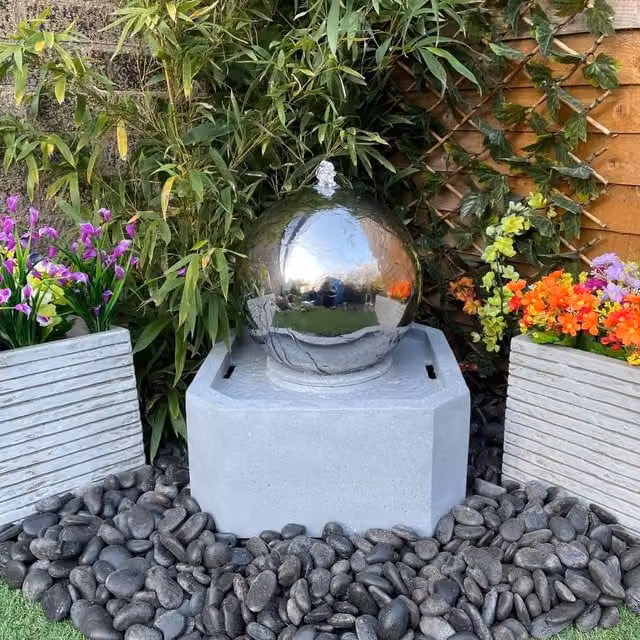Tranquility Sphere Modern Solar Water Feature with Square Resin Base in Grey and Silver