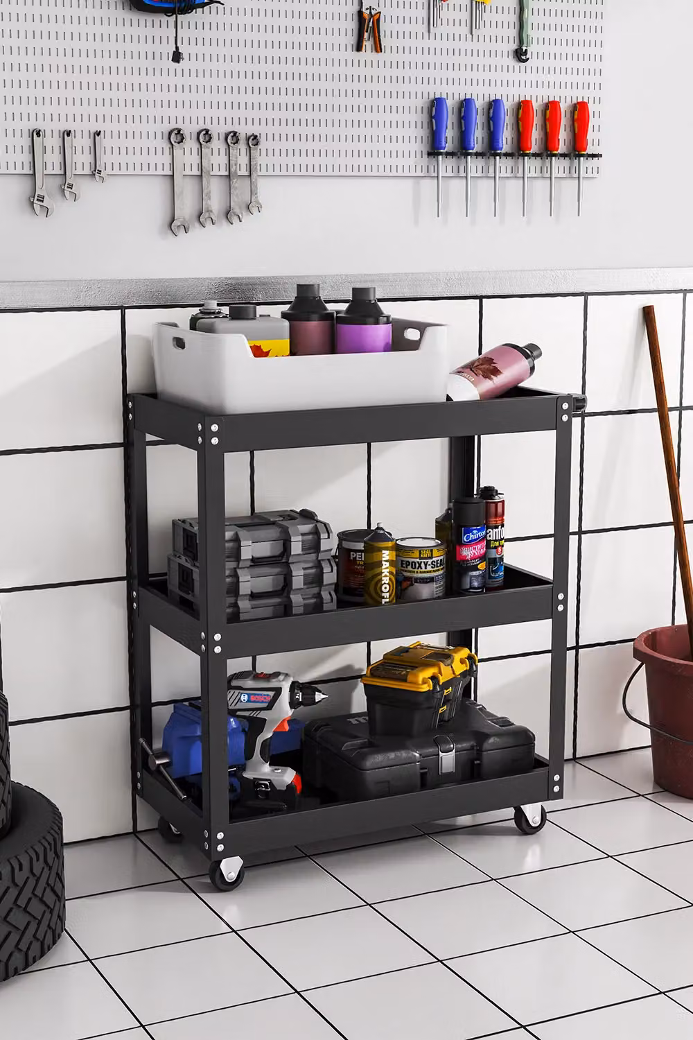 Living and Home 3-Tier Rolling Tool Cart and Multifunctional Kitchen Storage Trolley, Black, W/D/H: 79.0 x 35.5 x 66.0 cm – 2