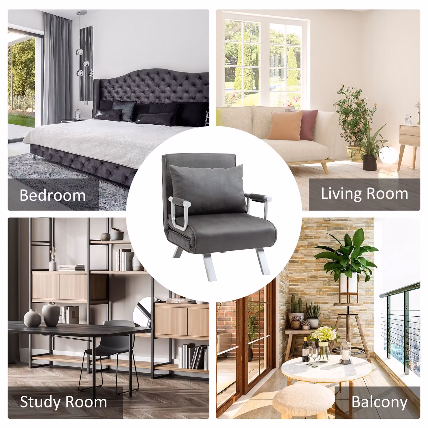 HOMCOM 2-in-1 Single Sofa Bed Sleeper, Foldable Microfibre Armchair with Metal Frame and Pillow, Dark Grey – 6