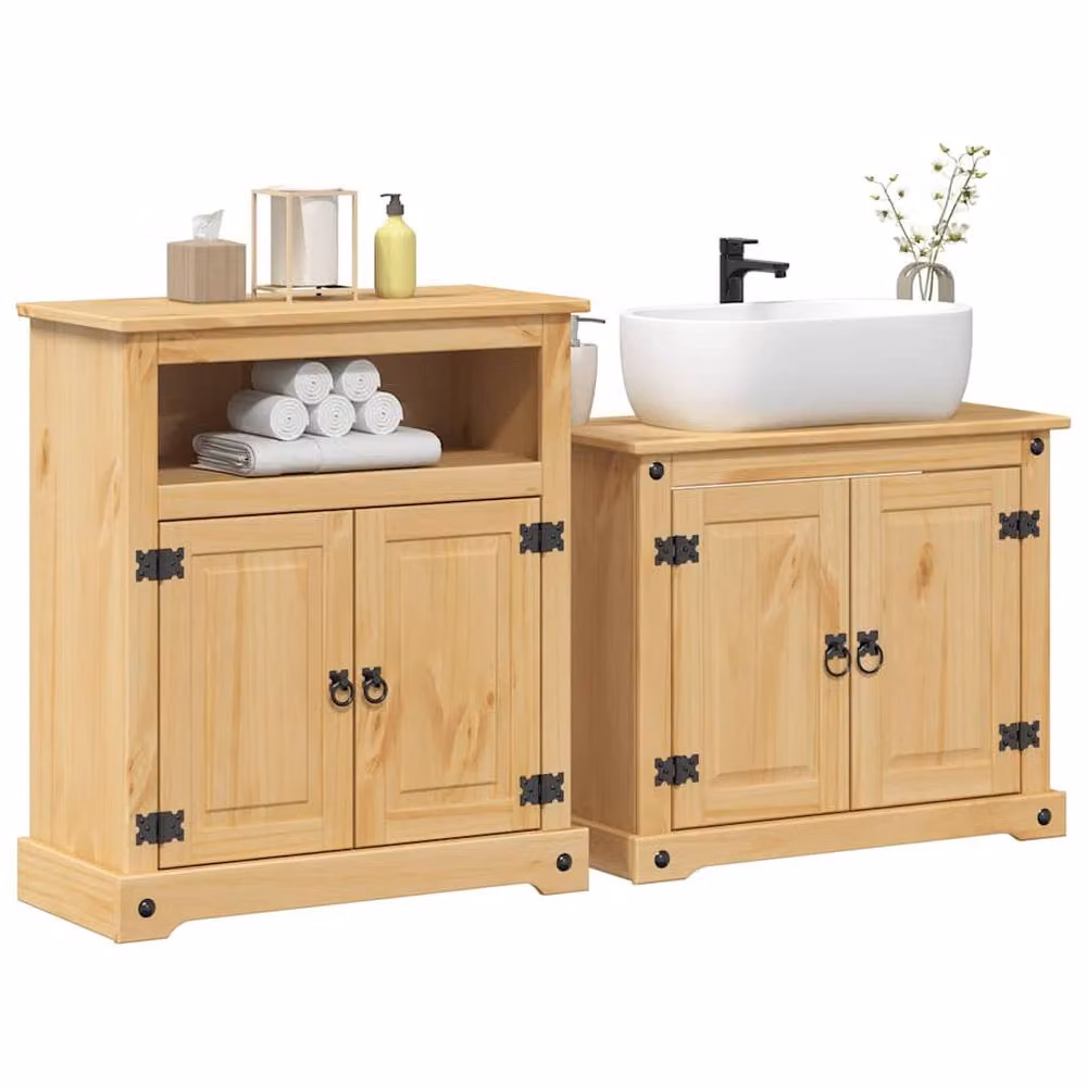 Berkfield Home Corona 2 Piece Rustic Solid Wood Pine Bathroom Furniture Set in Beige – 1