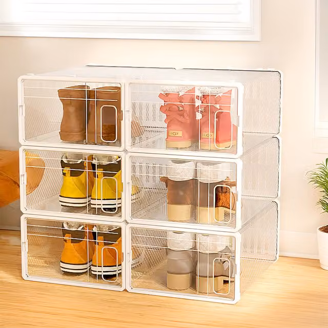 Komore 12-Piece Dustproof Shoe Storage Box Set with Lids, White and Transparent Plastic