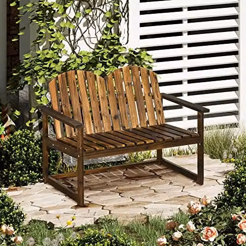 Outsunny Two Seater Wooden Garden Bench with Backrest in Brown Carbonised Finish – 2