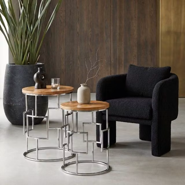 Orsina Set of 2 Round Mango Wood and Metal Nesting Side Tables in Brown and Silver