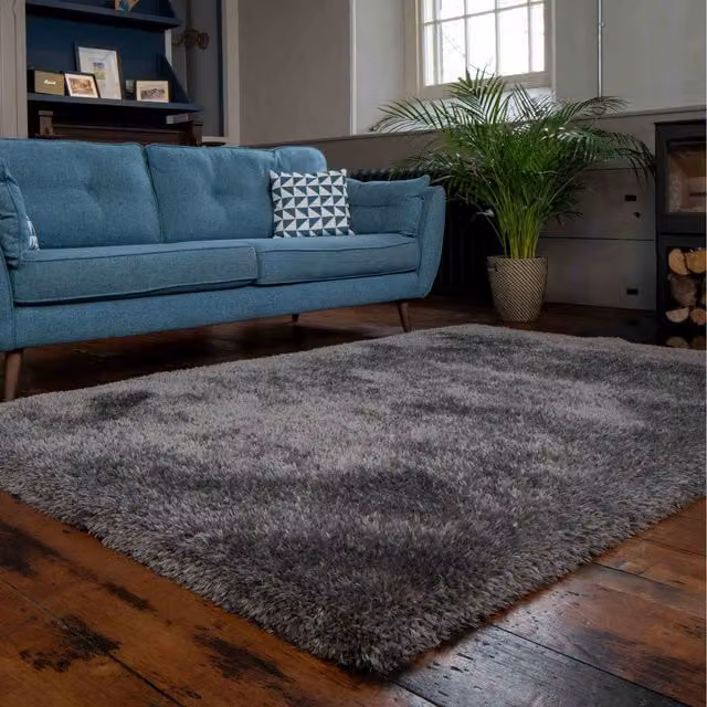 The Rug House Modern Shaggy Rectangular Area Rug in Grey, W: 110 cm, D: 60 cm