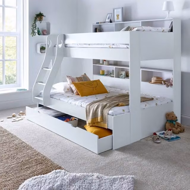 Bedmaster Oliver Triple Sleeper Storage Bunk Bed with Drawers and Memory Foam Mattresses in Grey, Small Double