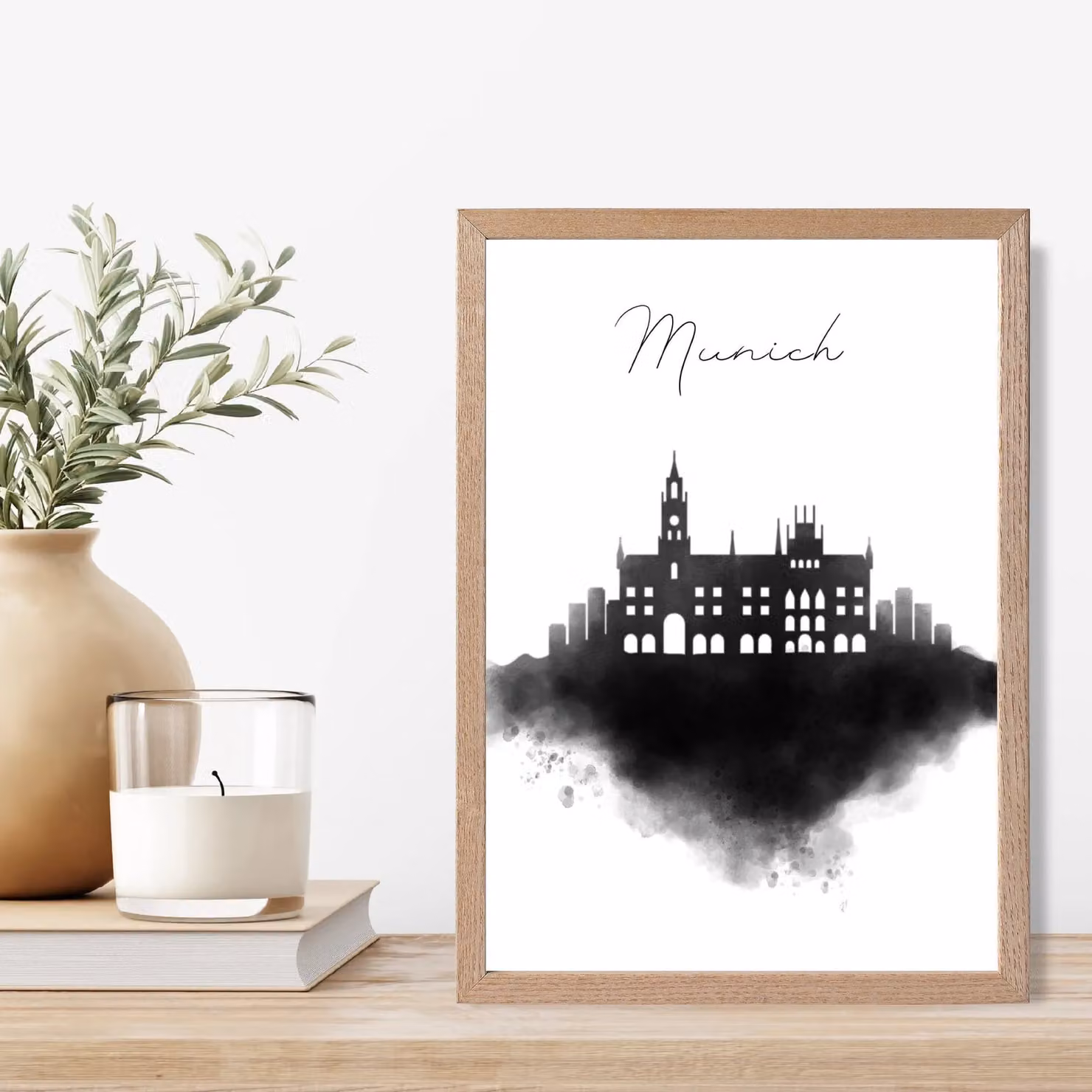 ARTZE Munich Watercolour Skyline City Framed Print in Black with Oak Frame – 2