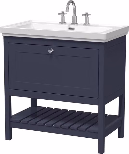 Balterley Blue Freestanding Bathroom Floor Vanity with 1 Drawer and 3 Tap Hole Fireclay Basin, W: 80 cm – 1
