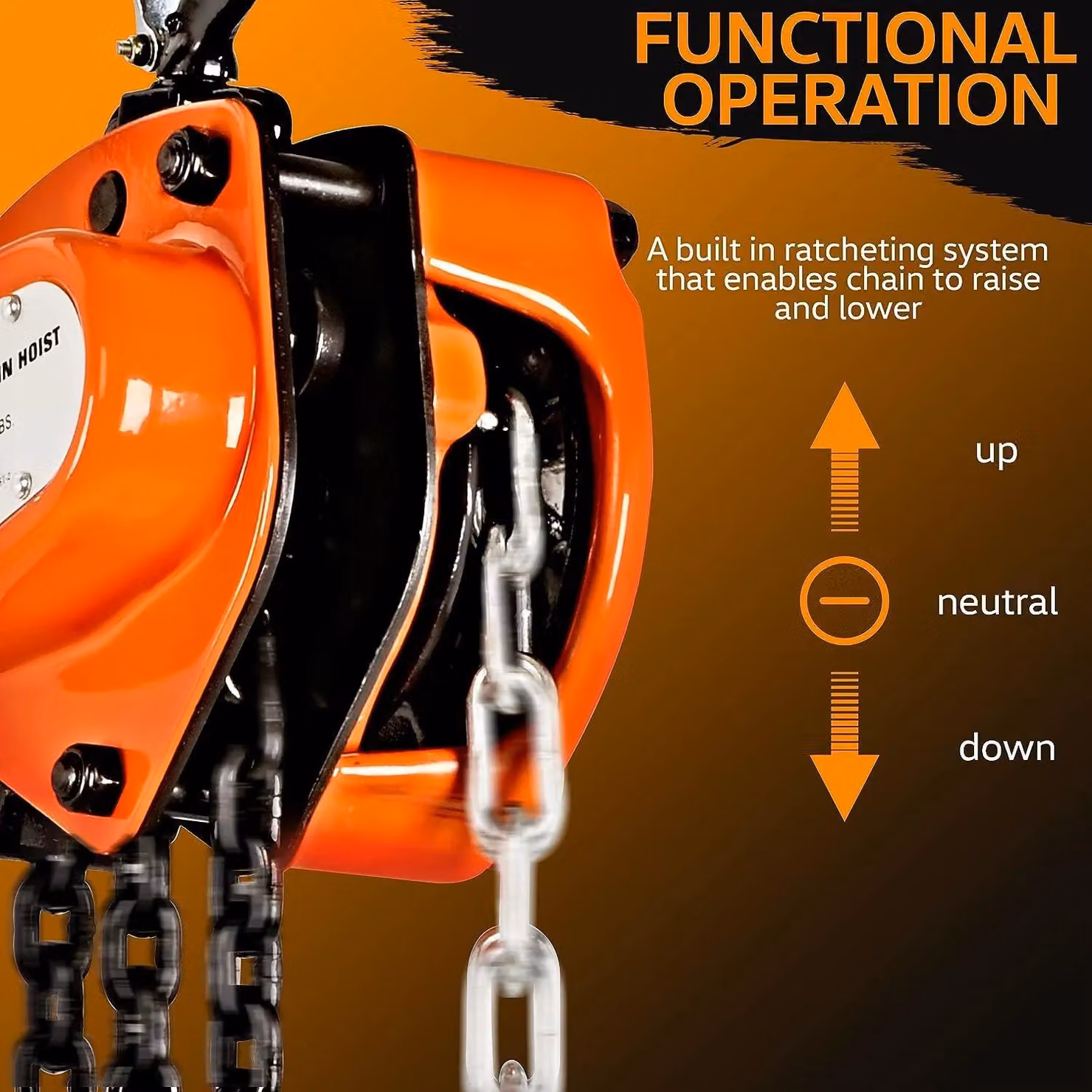 Superhandy Manual Heavy Duty Steel Chain Block Hoist in Orange and Black with 1 Ton 2200lbs Capacity and 3.048 m Lift – 2