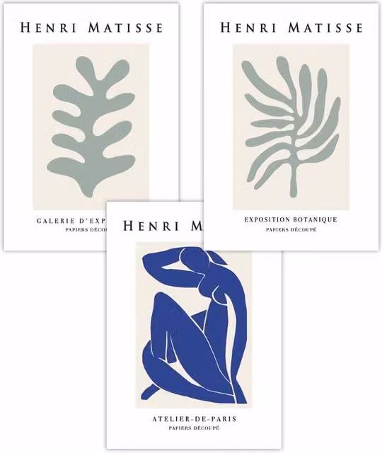 ARTZE Set of 3 Matisse Botanical Shapes and Nude Art Posters in Green, Blue and Multicolour, W: 42 cm, H: 59 cm