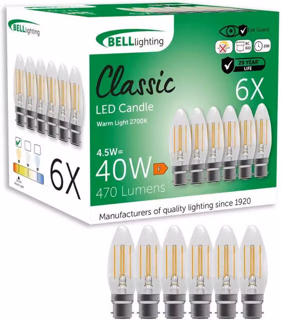 BELL Lighting B22 LED Filament Bulb, Warm White, 4.5W, 470lm, Pack of 6 – 1