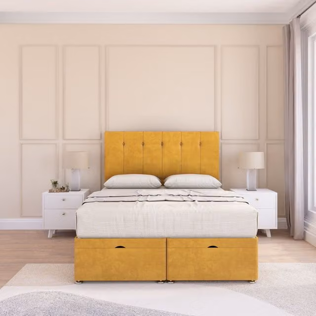 Sloomy Highbury King Size Ottoman Bed with Sprung Memory Mattress and 54 Inch Floorstanding Headboard in Gold