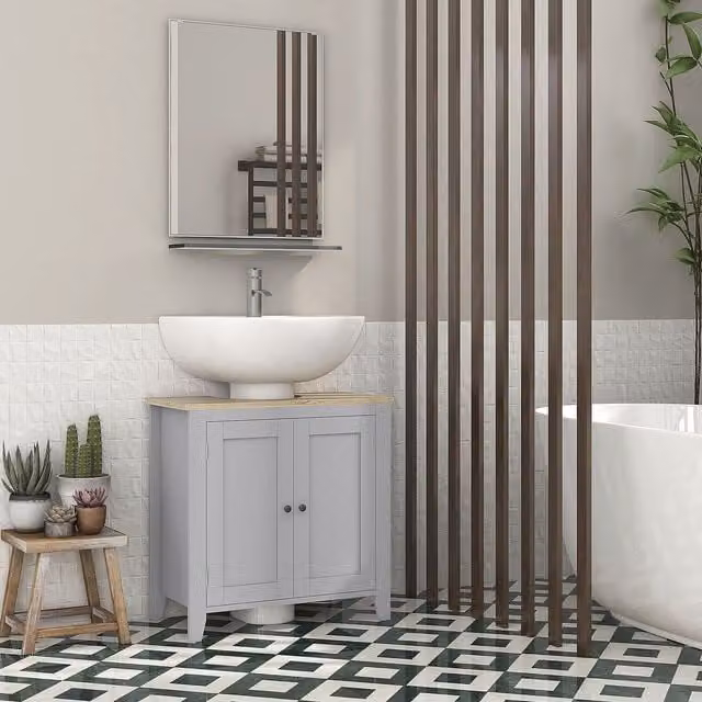 Kleankin Grey Bathroom Pedestal Under Sink Cabinet with Adjustable Internal Shelves and Hinged Doors