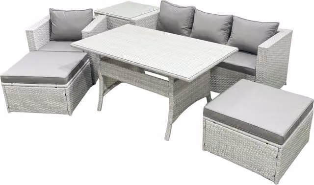 Fimous 6 Seater Rattan Garden Furniture Set with Glass Top Dining Table and Side Table in Light Grey