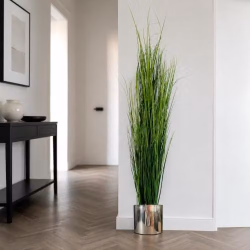 Leaf Design UK 130cm Artificial Green Onion Grass Plant with Silver Metal Tabletop Pot – 2