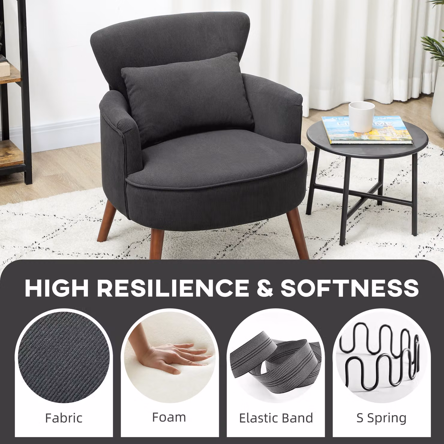 HOMCOM Retro Corduroy Tub Accent Chair with Armrests in Black – 4
