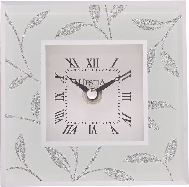 Hestia Silver Glitter Leaf Design Modern Analog Mantel Clock with White Glass Face