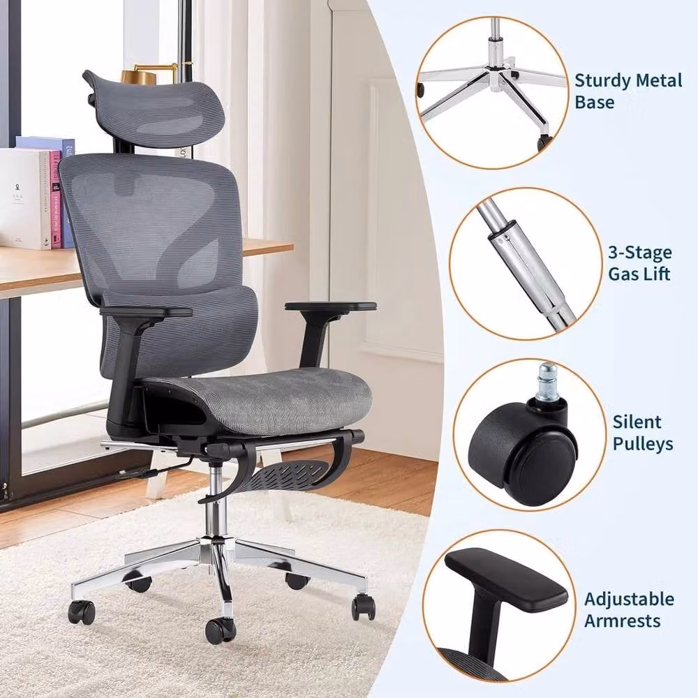 Havendro Ergonomic Grey Mesh Office Chair with Headrest and Adjustable Armrests – 3