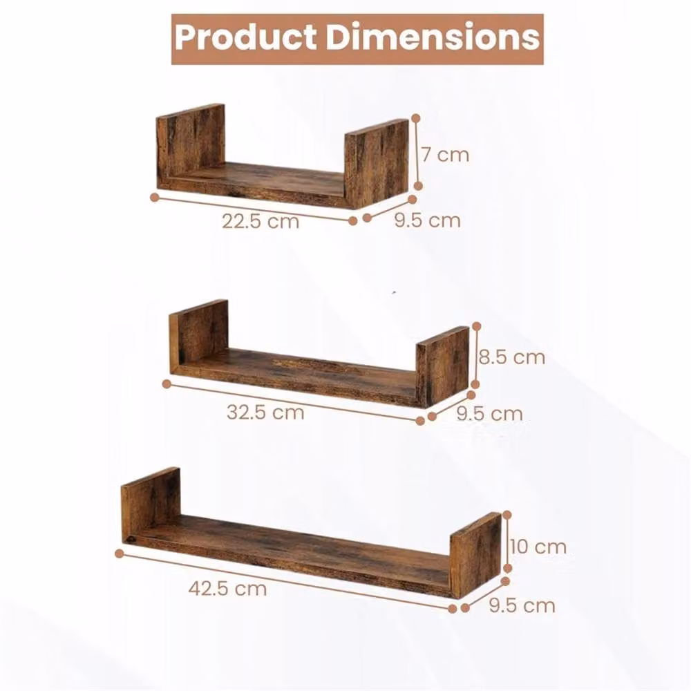 PAWNORA Set of 3 Rustic Brown Wall Mounted Floating Wood Shelves – 2