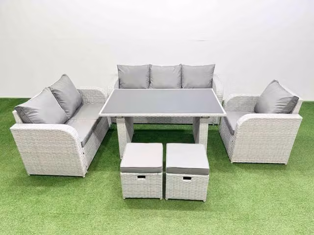 Fimous 8 Seater Rattan Outdoor Sofa Set with 2 Small Stools in Light Grey