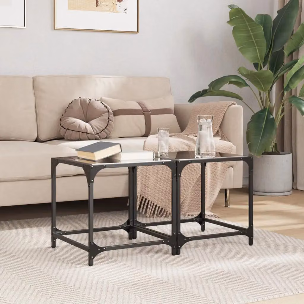 Berkfield Home Set of 2 Modern Square Coffee Tables with Black Glass Tops and Steel Frames, W/D/H: 40 x 40 x 40 cm – 3