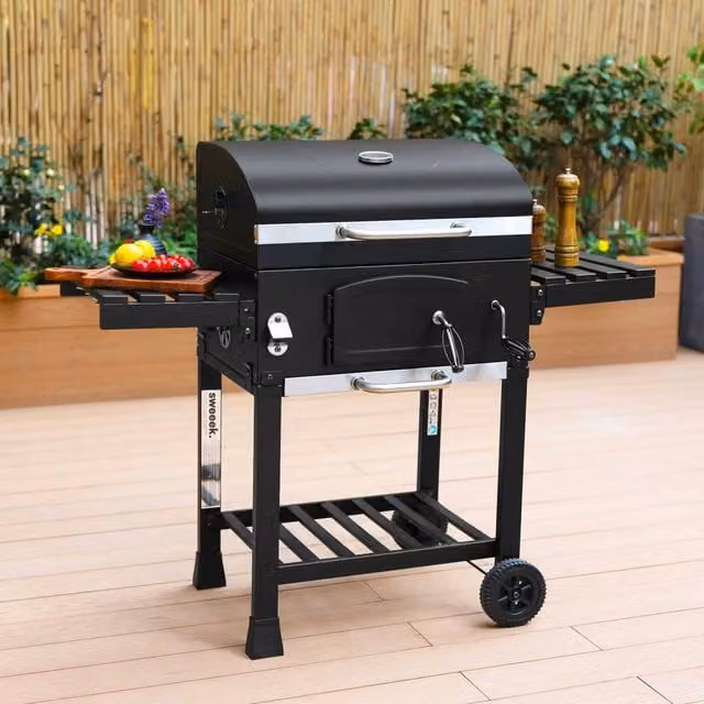 sweeek Charcoal Smoker Barbecue with Ash Collector and Thermometer in Black