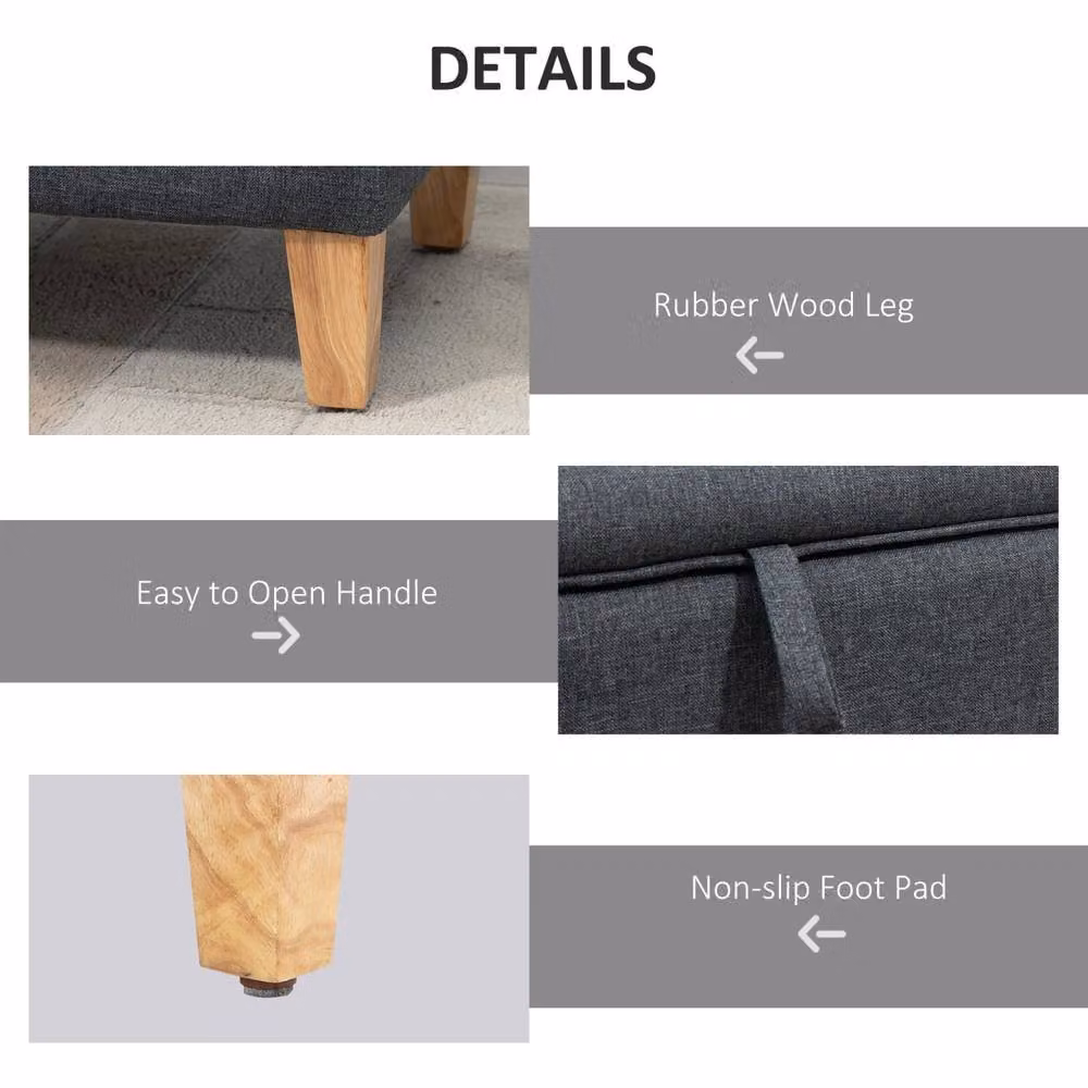 Wyld Haus Cose Dark Grey Linen Look Storage Ottoman with Padded Seat and Wooden Legs – 6