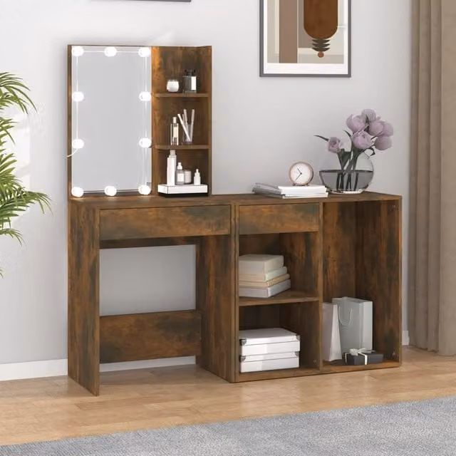 Berkfield Home LED Dressing Table with Cabinet in Smoked Oak Brown