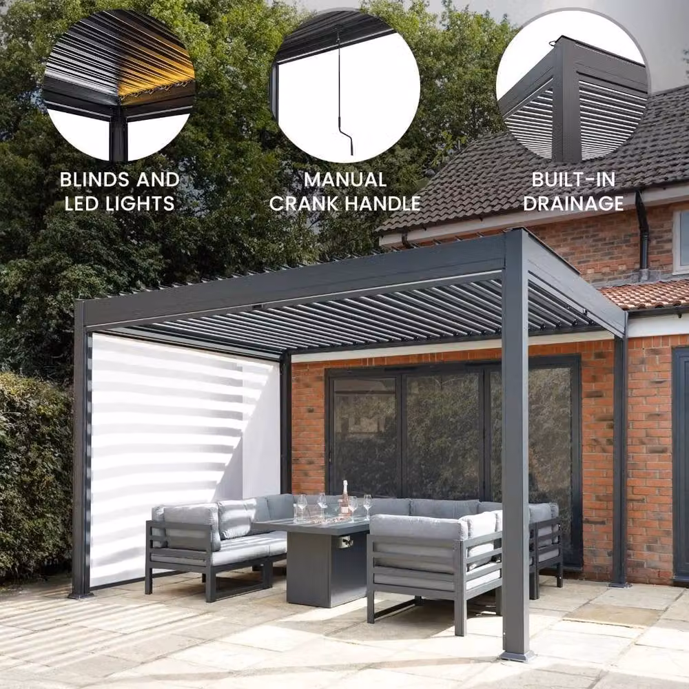 Monstershop Anthracite Aluminium Pergola with White Blinds and LED Lights, W/D/H: 300 x 300 x 250 cm – 2