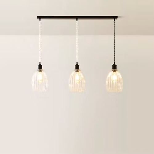 ValueLights Cheltenham 3 Drop Bar Ceiling Light with Matte Black Metal and Transparent Ribbed Glass Dome Shades – 2
