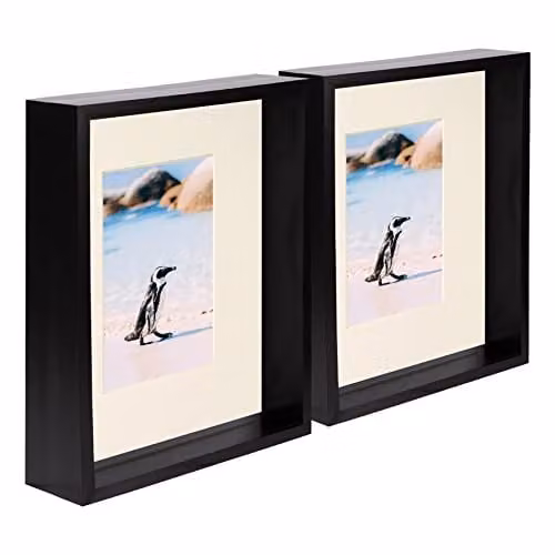 Nicola Spring Pack of 5 Black Rectangular 3D Deep Box Wooden Photo Frames with Beige Mounts – 1
