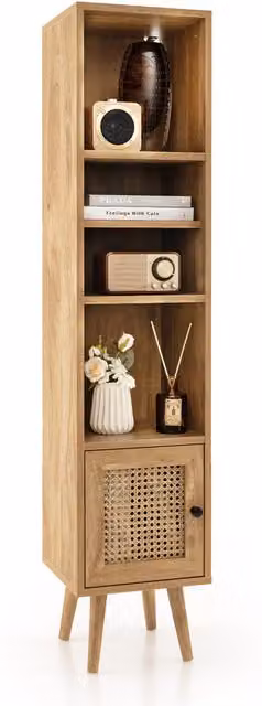 COSTWAY Boho Rattan Storage Cabinet and Accent Bookcase in Brown