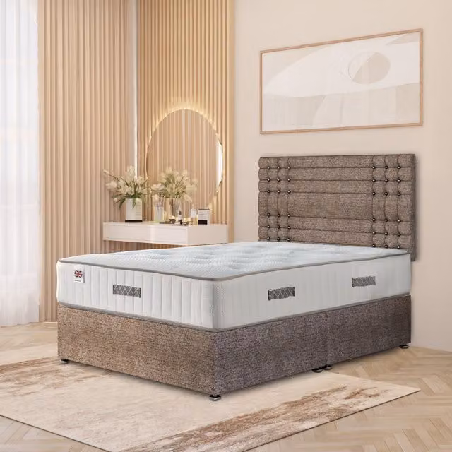 Somnior Beds Ltd Saville Brown Fabric Upholstered Divan Bed Set with Drawers and 32 inch Headboard, W/D/H: 140 x 200 cm