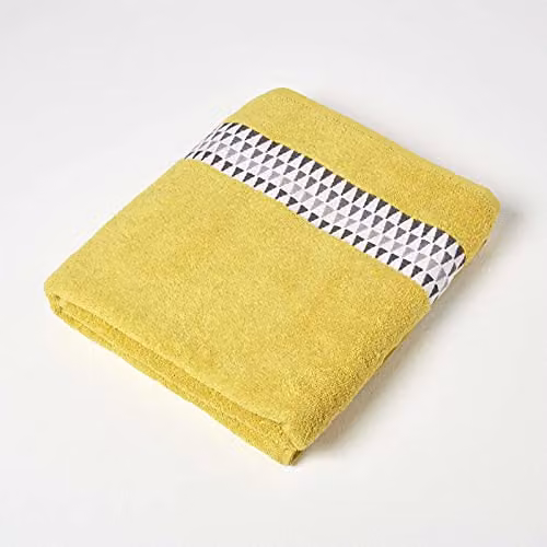 Homescapes Yellow Cotton Terry Bath Sheet with Retro Graphic Design