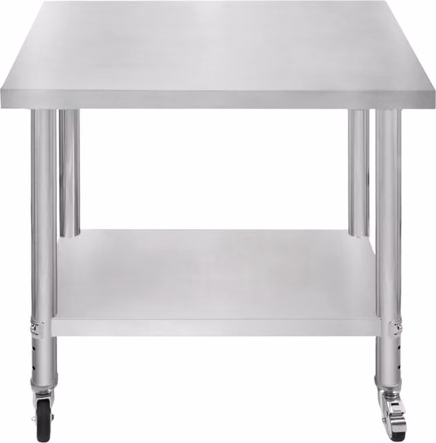 KuKoo Catering Silver Metal Rectangular Work Table with Castors and Height Adjustment, W/D/H: 90 x 80 x 90 cm