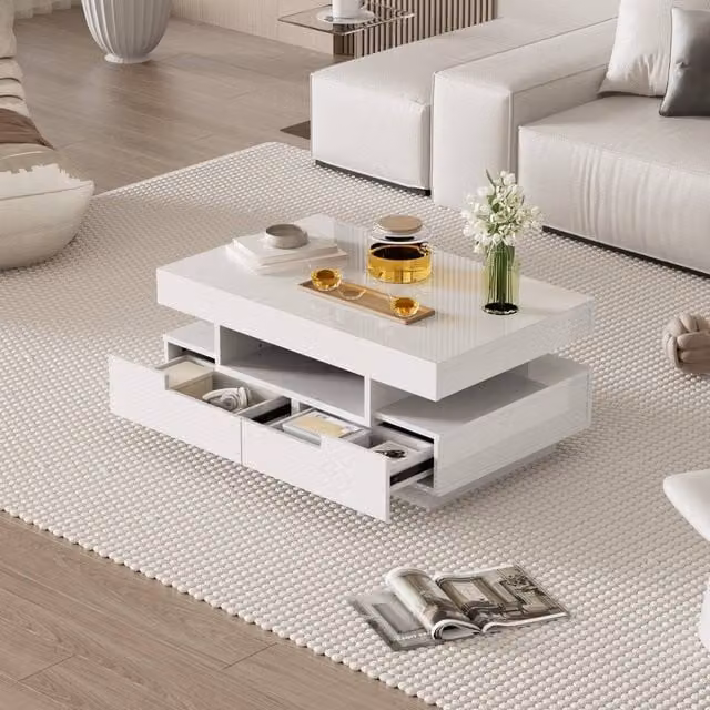Merax White High-Gloss Rectangular Coffee Table with 4 Drawers, W: 80 cm, D: 50 cm, H: 36 cm