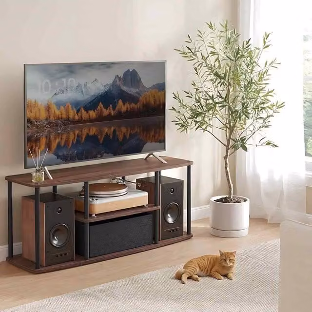 The Bazaarist Modern TV Stand with Shelves in Walnut and Black
