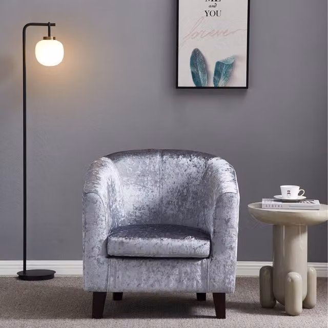Comfy Living Grey Crush Velvet Modern Tub Chair with Armrests and Solid Wood Frame