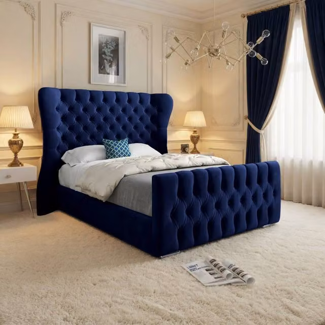 KDMD Zelah Wide Curved Blue Soft Velvet Upholstered Designer Bed Frame, W/D/H: 200 x 189 x 137 cm