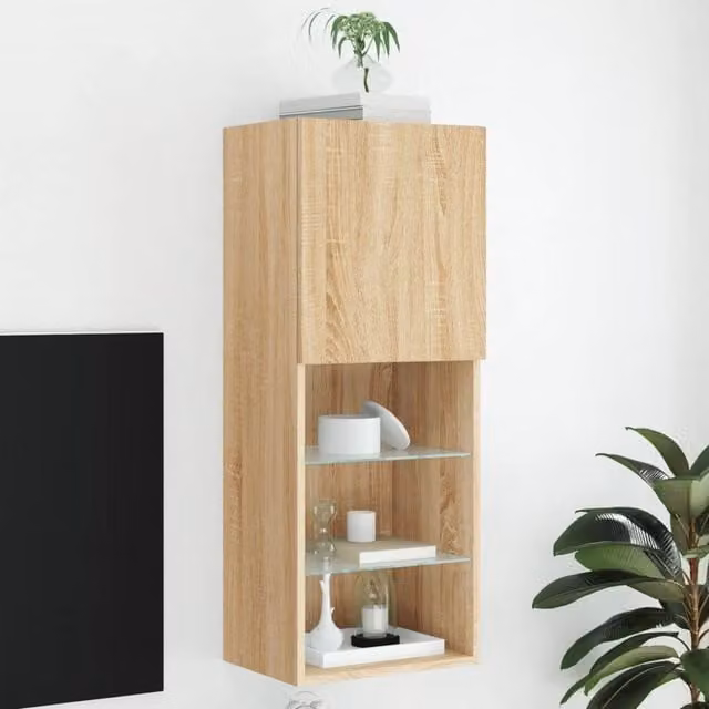 Berkfield Home Modern TV Cabinet with LED Lights in Sonoma Oak Brown, W: 40.5 cm, D: 30 cm, H: 102 cm